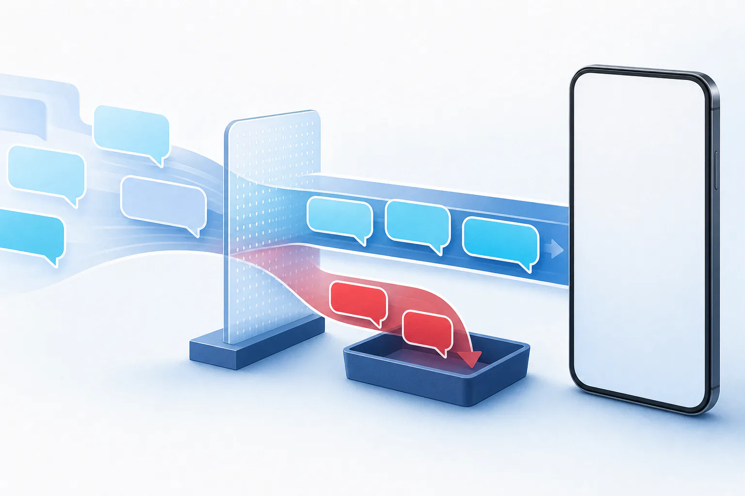 Illustrated iPhone inbox sorting suspicious message bubbles away from trusted conversations