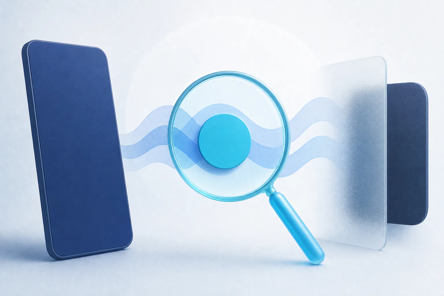 Illustrated blank iPhone and magnifying glass examining abstract caller signals