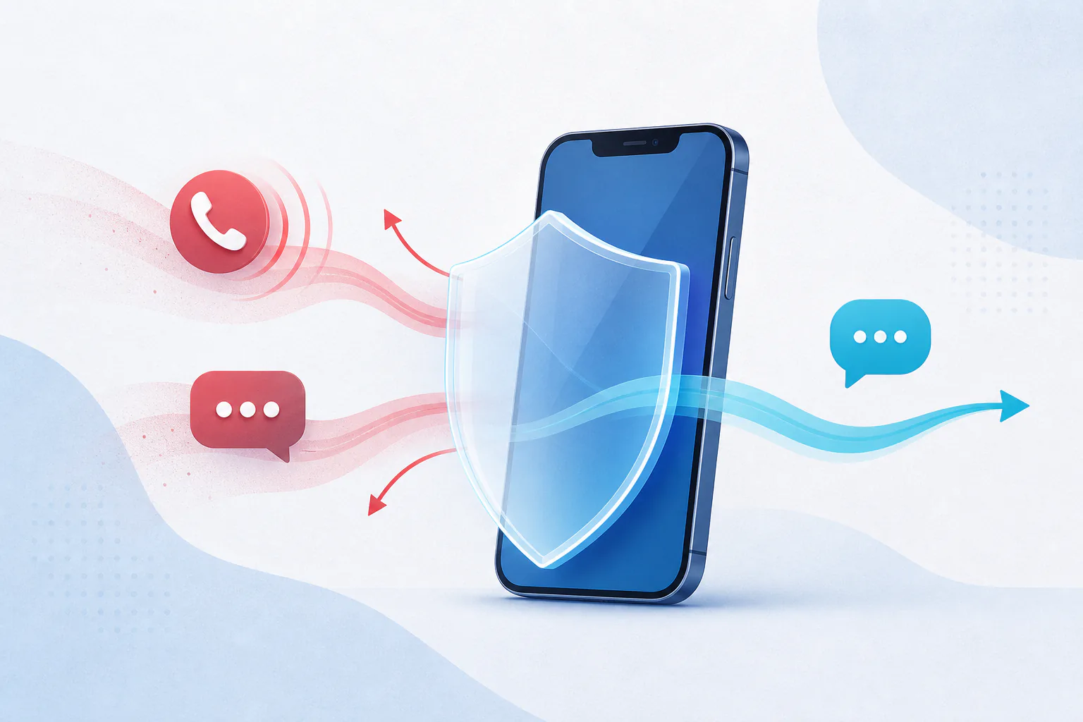 Illustrated iPhone shielded from an unwanted call and message